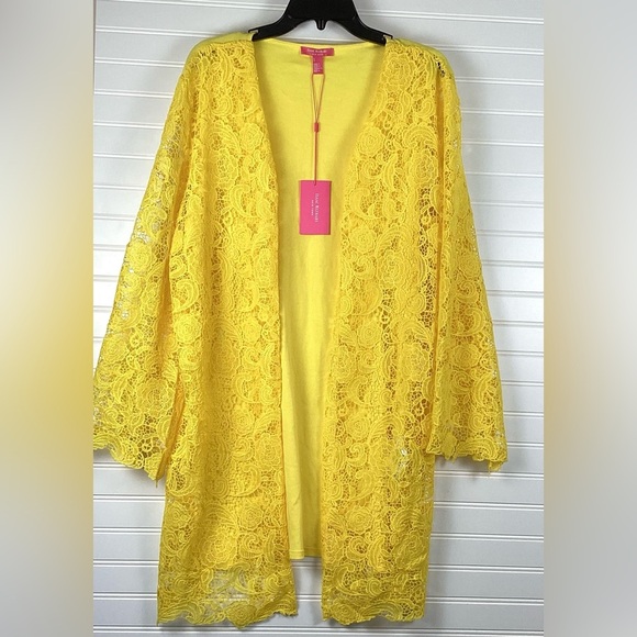 Isaac Mizrahi NWT Cotton And Lace Open Bracelet Sleeve Cardigan Sz Large yellow - Picture 1 of 12
